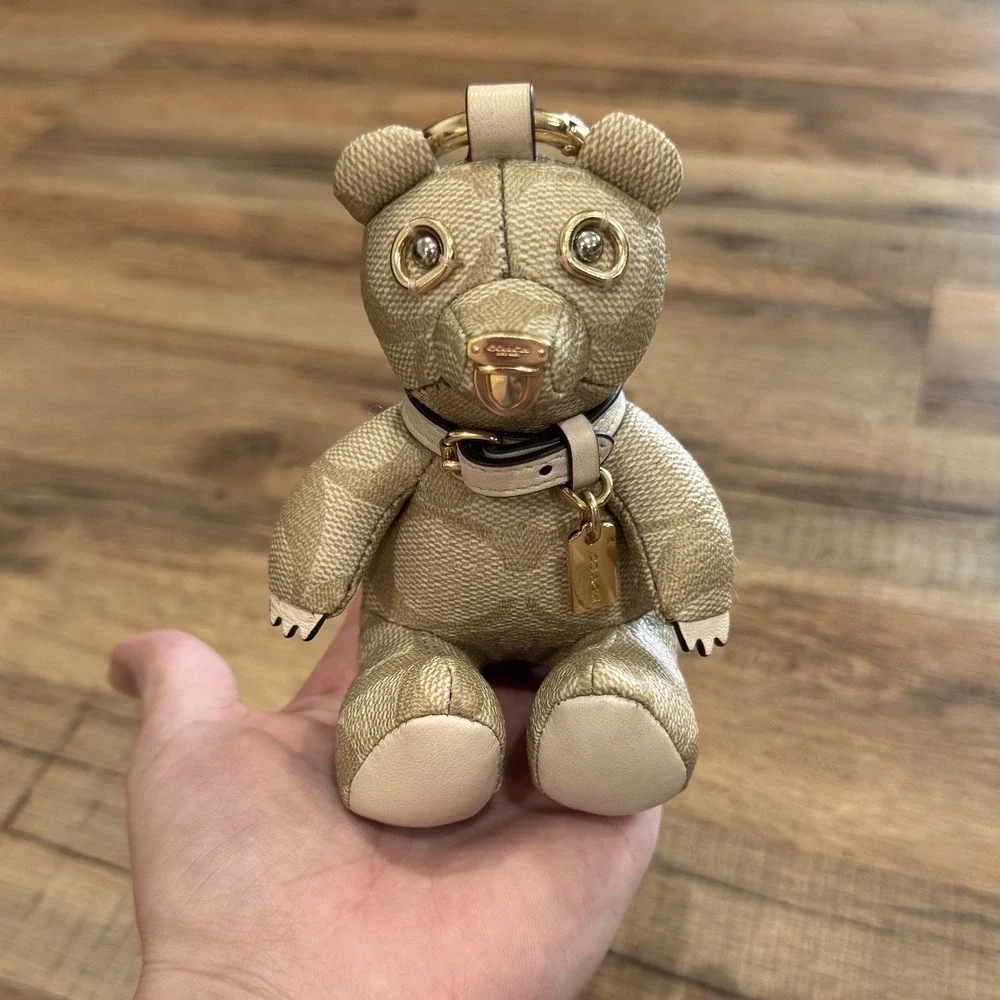 Coach Signature Teddy Bear Bag Charm Khaki Chalk Gold Tone Key Fob 77676